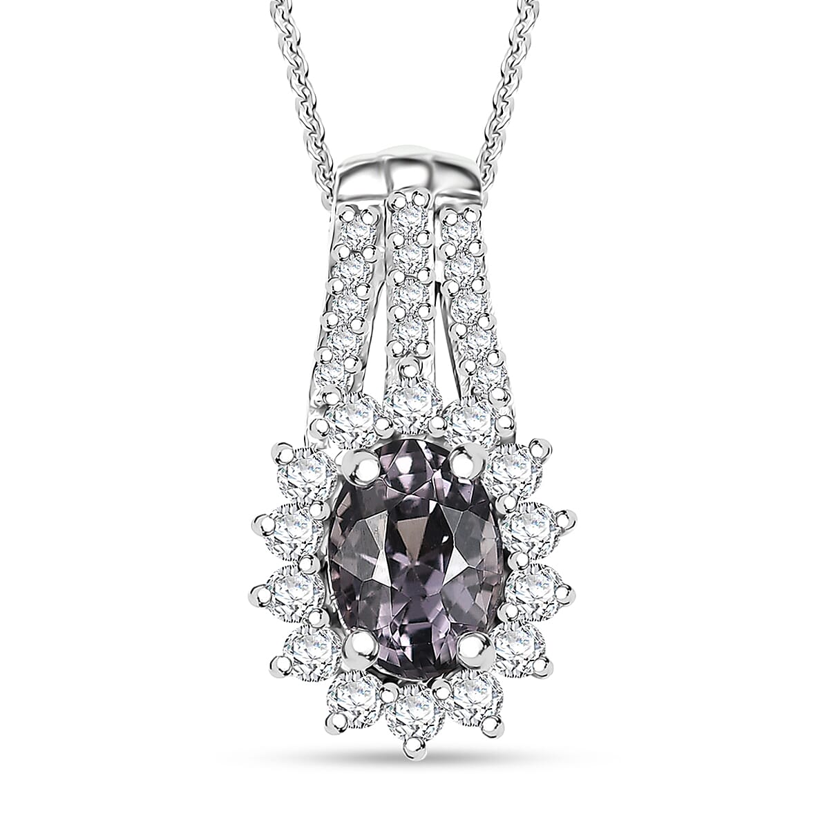 Royal Lavender Spinel and Moissanite 1.30 ctw Classic Halo Pendant Necklace in Rhodium Over Sterling Silver 20 Inches