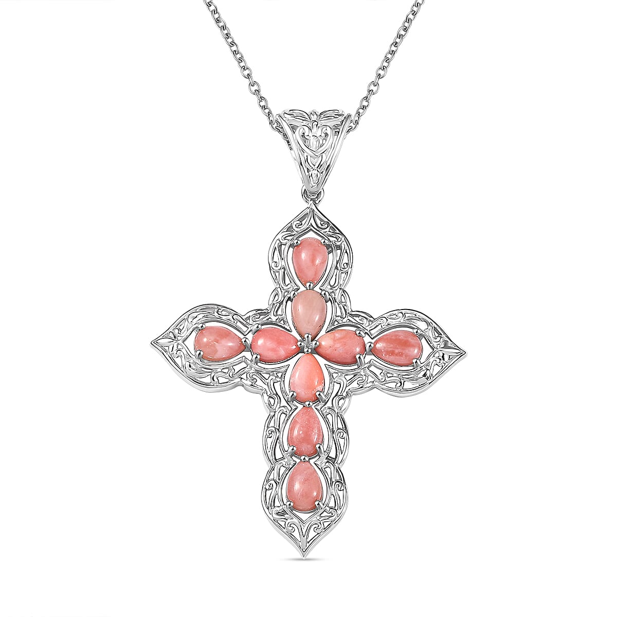 Karis Oregon Peach Opal 2.80 ctw Cross Pendant in Platinum Bond with Stainless Steel Necklace 20 Inches