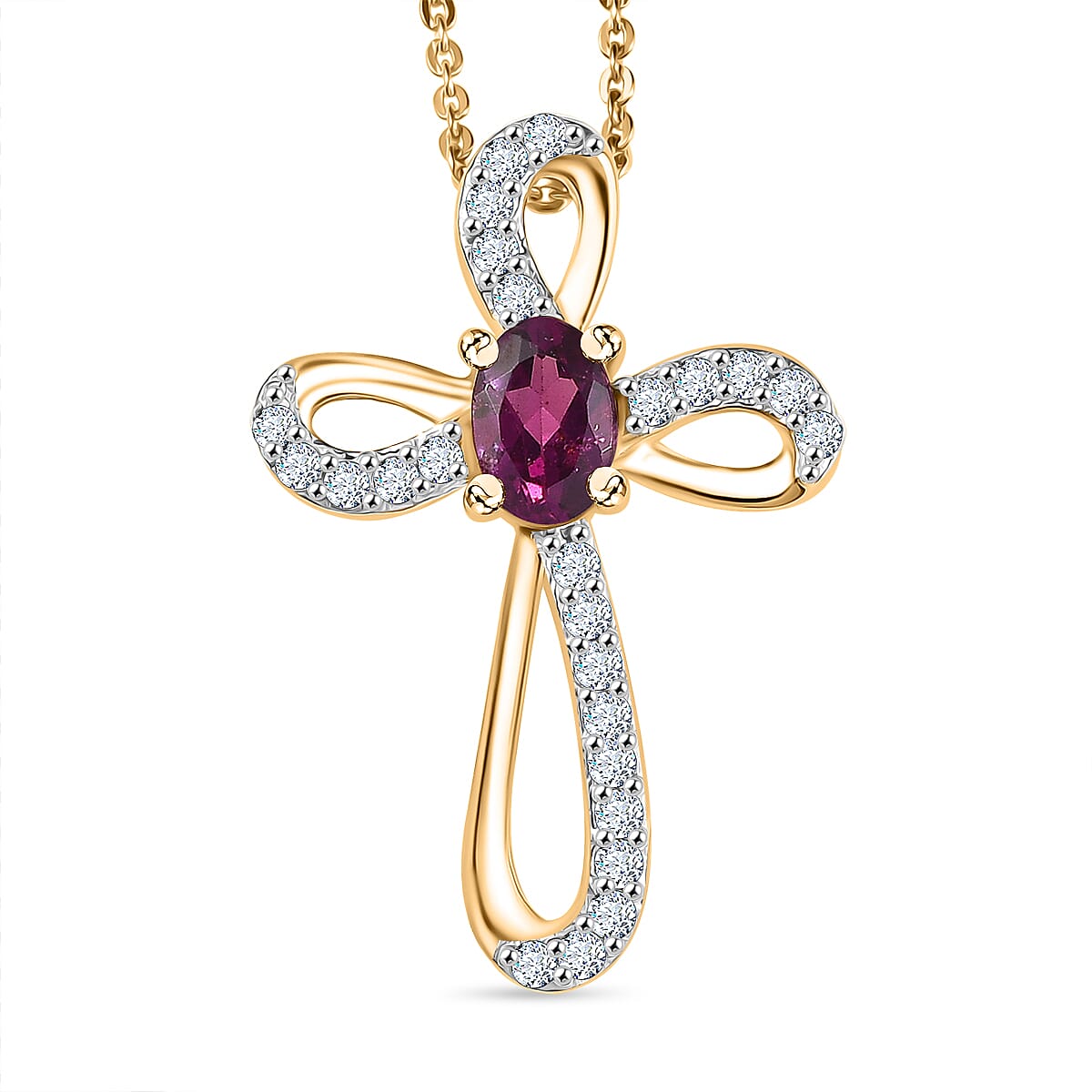 AAA Radiant Ember Garnet and White Zircon 0.80 ctw Imperial Cross Pendant Necklace in 18K Vermeil Yellow Gold Over Sterling Silver 20 Inches