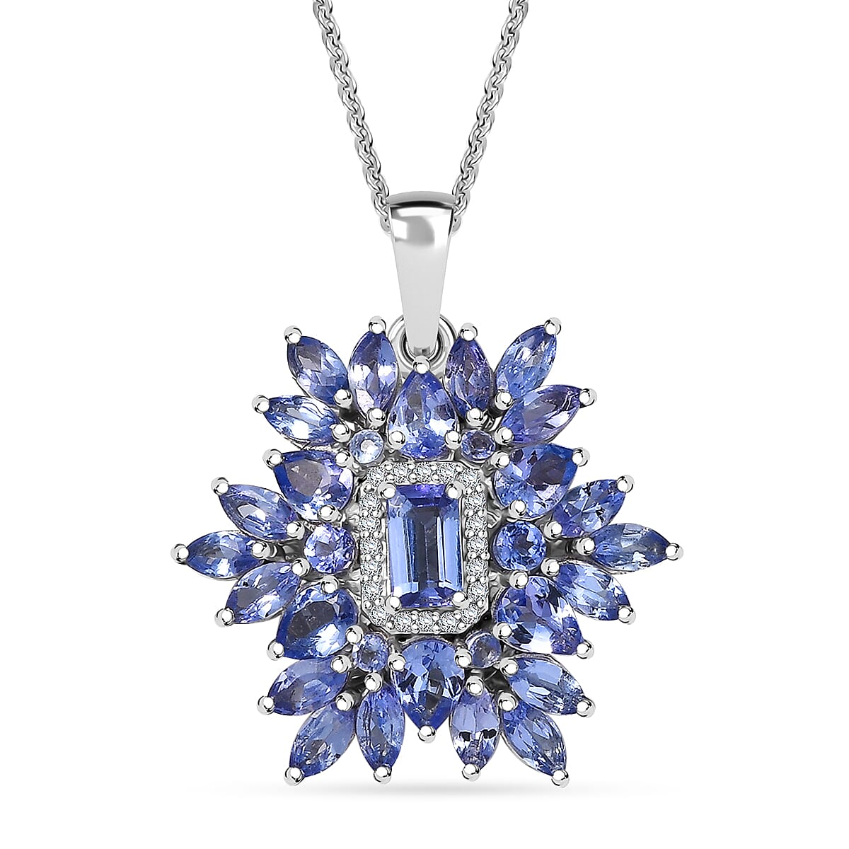 D'Joy Tanzanite and White Zircon 3.00 ctw Siberian Bugloss Floral Pendant Necklace in Rhodium Over Sterling Silver 20 Inches