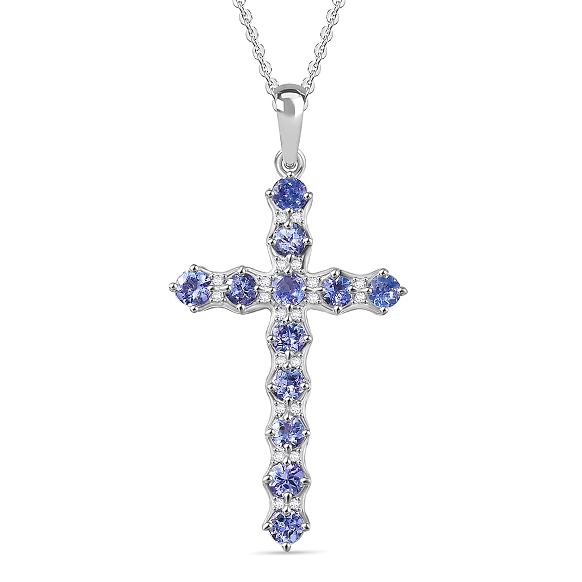 Tanzanite and White Zircon 1.50 ctw Cross Pendant Necklace in Rhodium Over Sterling Silver 20 Inches