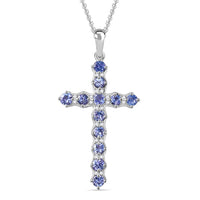 Tanzanite and White Zircon 1.50 ctw Cross Pendant Necklace in Rhodium Over Sterling Silver 20 Inches