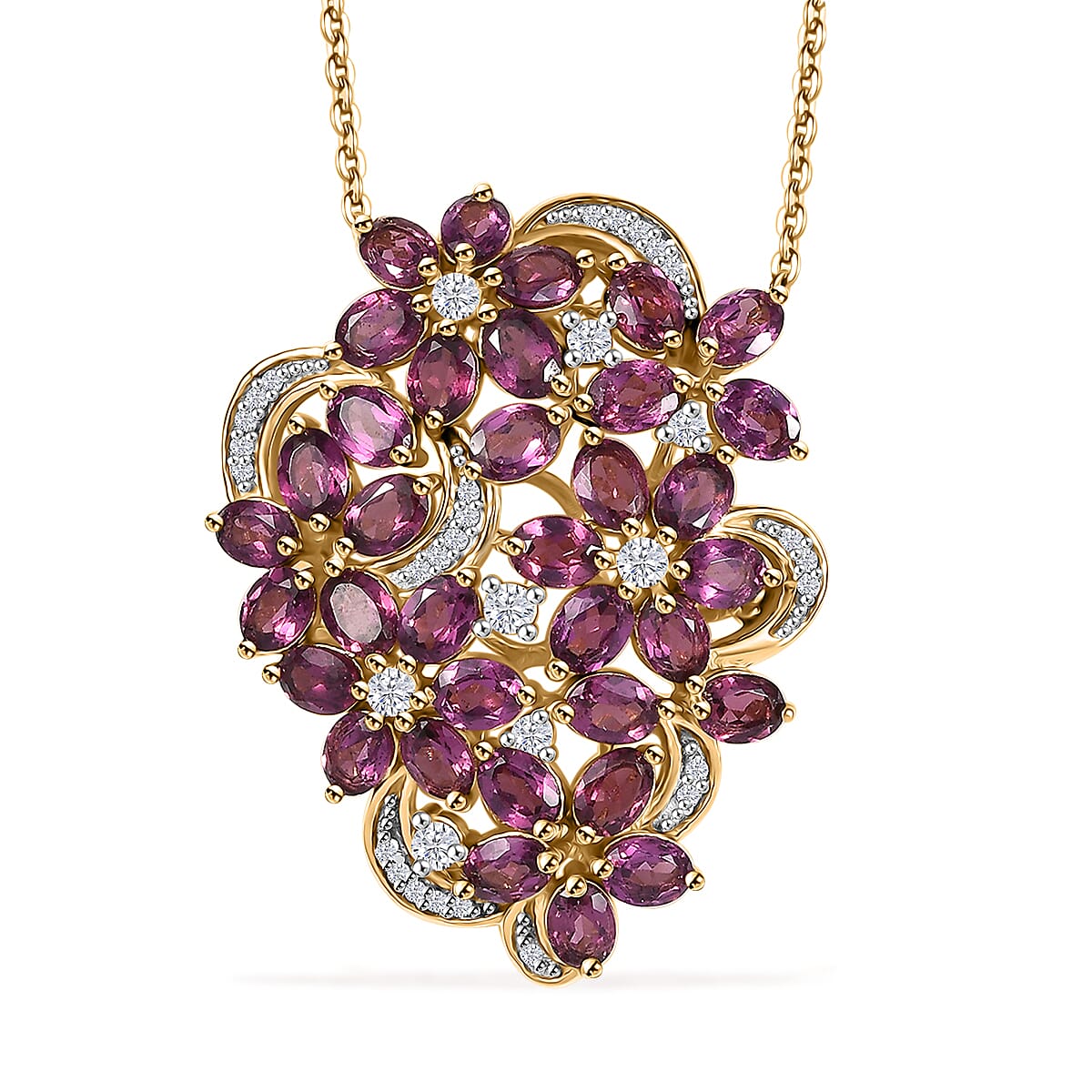 Orissa Rhodolite Garnet and White Zircon 9.40 ctw Bunch of Flower Pendant Necklace in 18K Vermeil Yellow Gold Over Sterling Silver 20 Inches