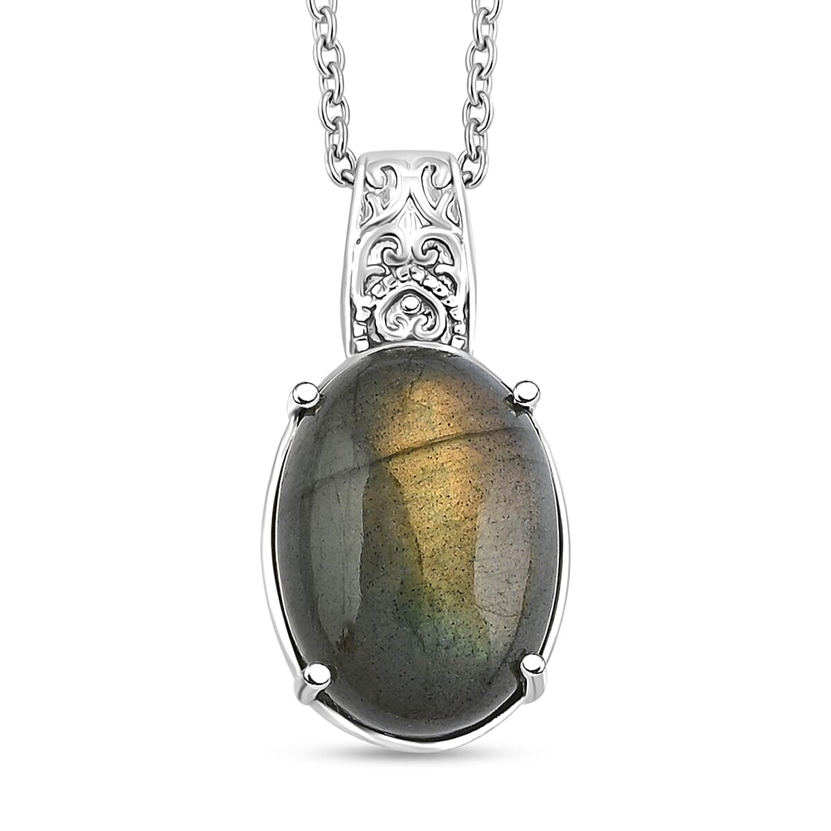Madagascar Fire Labradorite 12.50 ctw Pendant Necklace in Stainless Steel 20 Inches