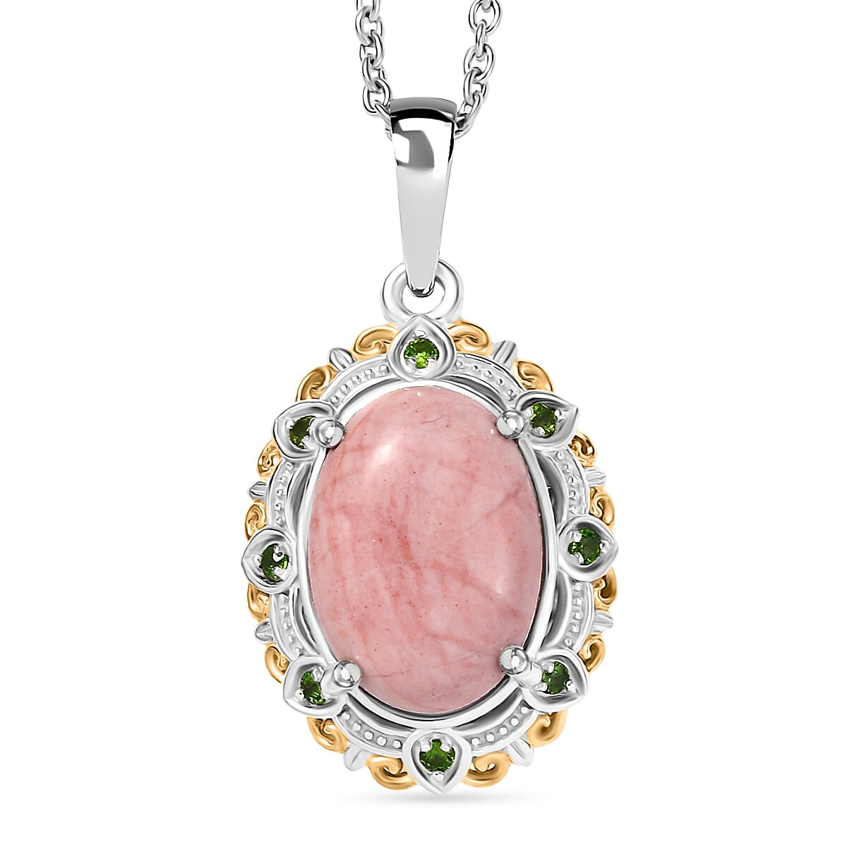 Karis Oregon Peach Opal and Chrome Diopside 4.20 ctw Floral Pendant in 18K YG Plated and Platinum Bond with Stainless Steel Necklace (20 Inches)