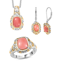 Karis Oregon Peach Opal 5.00 ctw Earrings, Ring (Size 6.00), Pendant in 18K YG Plated and Platinum Bond with Stainless Steel Necklace 20 Inches
