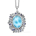 Premium Larimar and Multi Gemstone 16.90 ctw Ocean Crown Pendant Necklace in Rhodium Over Sterling Silver 20 Inches - Sticky add to cart bar