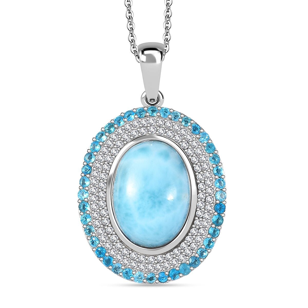 Premium Larimar and Multi Gemstone 8.50 ctw Aqua Majesty Pendant Necklace 20 Inches in Rhodium Over Sterling Silver