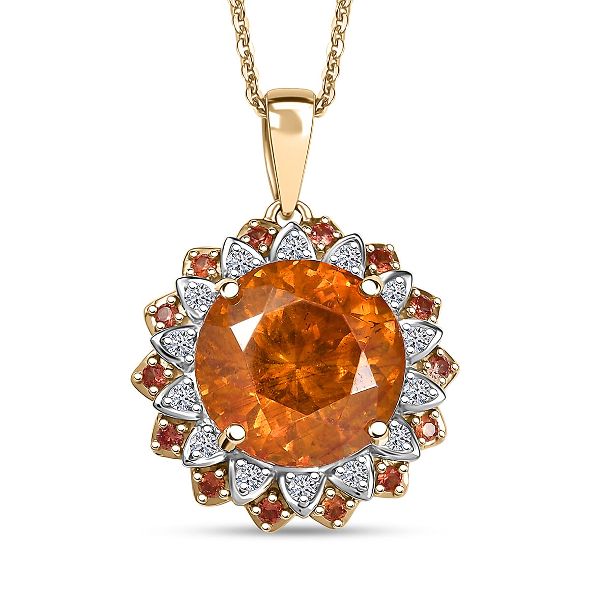AAA Picos Altos Sphalerite, Padparadscha Sapphire and G-H SI Luxuriant Lab Grown Diamond 7.38 ctw Pendant Necklace in 10K Yellow Gold 20 Inches