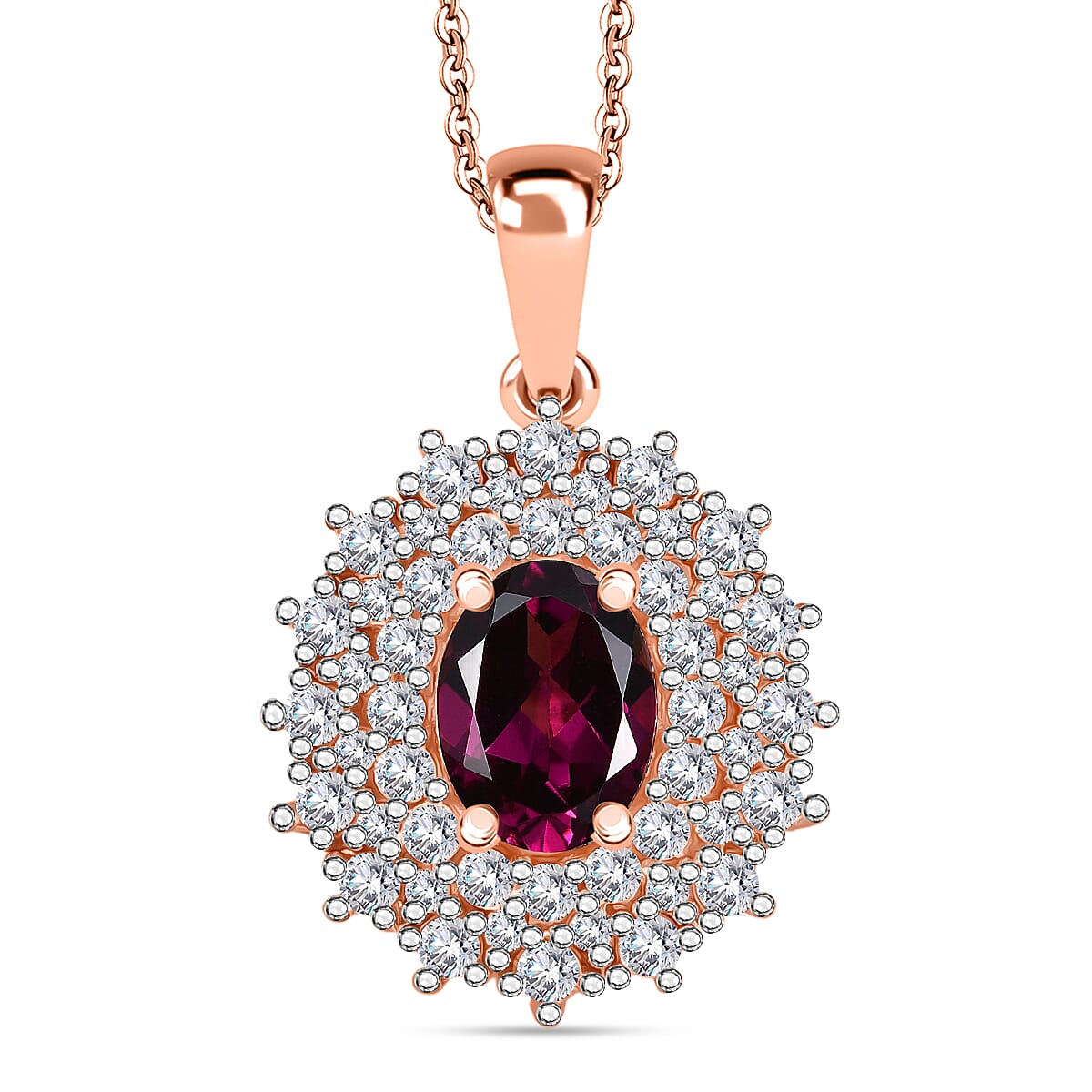 AAA Radiant Ember Garnet and Moissanite 2.20 ctw Royal Bloom Pendant Necklace in 18K Vermeil Rose Gold Over Sterling Silver 20 Inches