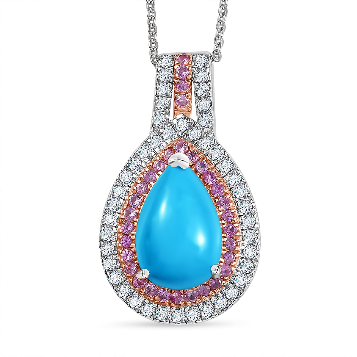 Sleeping Beauty Turquoise and Multi Gemstone 4.00 ctw Cosmic Bloom Pendant Necklace 20 Inches in Rhodium Over Sterling Silver