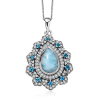 Larimar and Multi Gemstone 4.90 ctw Sea Bloom Pendant Necklace in Rhodium Over Sterling Silver 20 Inches