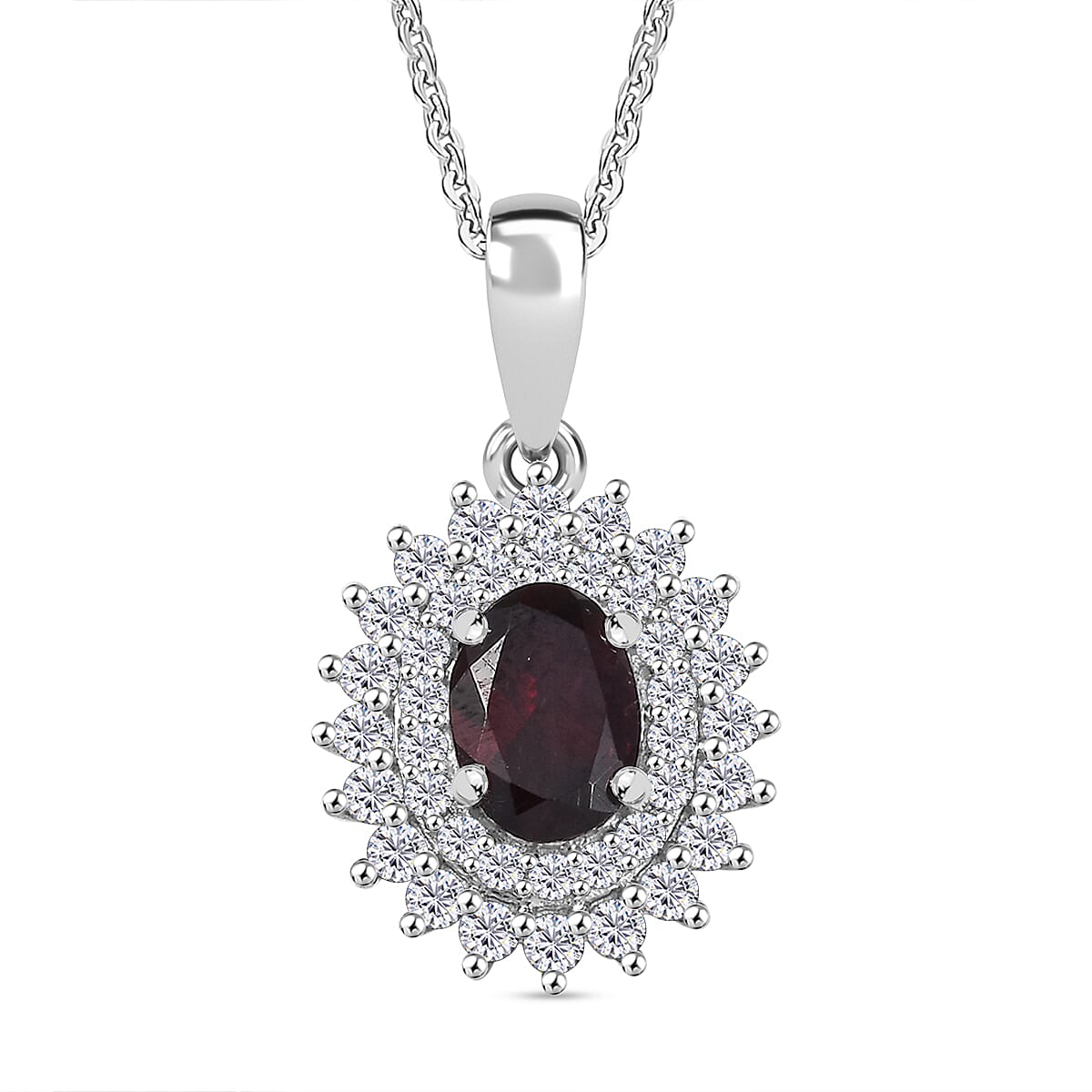 Premium Anthill Garnet and Moissanite 1.50 ctw Sunburst Pendant Necklace in Rhodium Over Sterling Silver 20 Inches