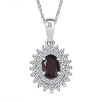 Premium Anthill Garnet and Moissanite 1.50 ctw Sunburst Pendant Necklace in Rhodium Over Sterling Silver 20 Inches