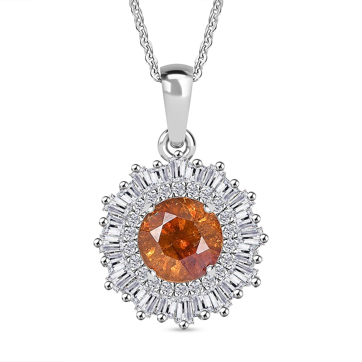 D'Joy Premium Picos Altos Sphalerite and Moissanite 2.75 ctw Solar Crown Pendant Necklace in Rhodium Over Sterling Silver 20 Inches