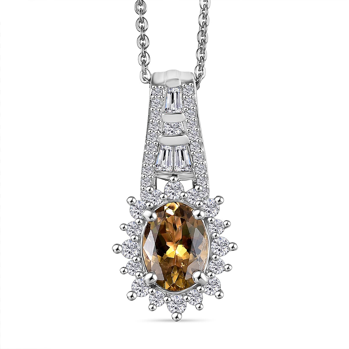 D'Joy Premium Golden Tanzanite and Moissanite 1.65 ctw Ember Glow Pendant Necklace in Rhodium Over Sterling Silver 20 Inches
