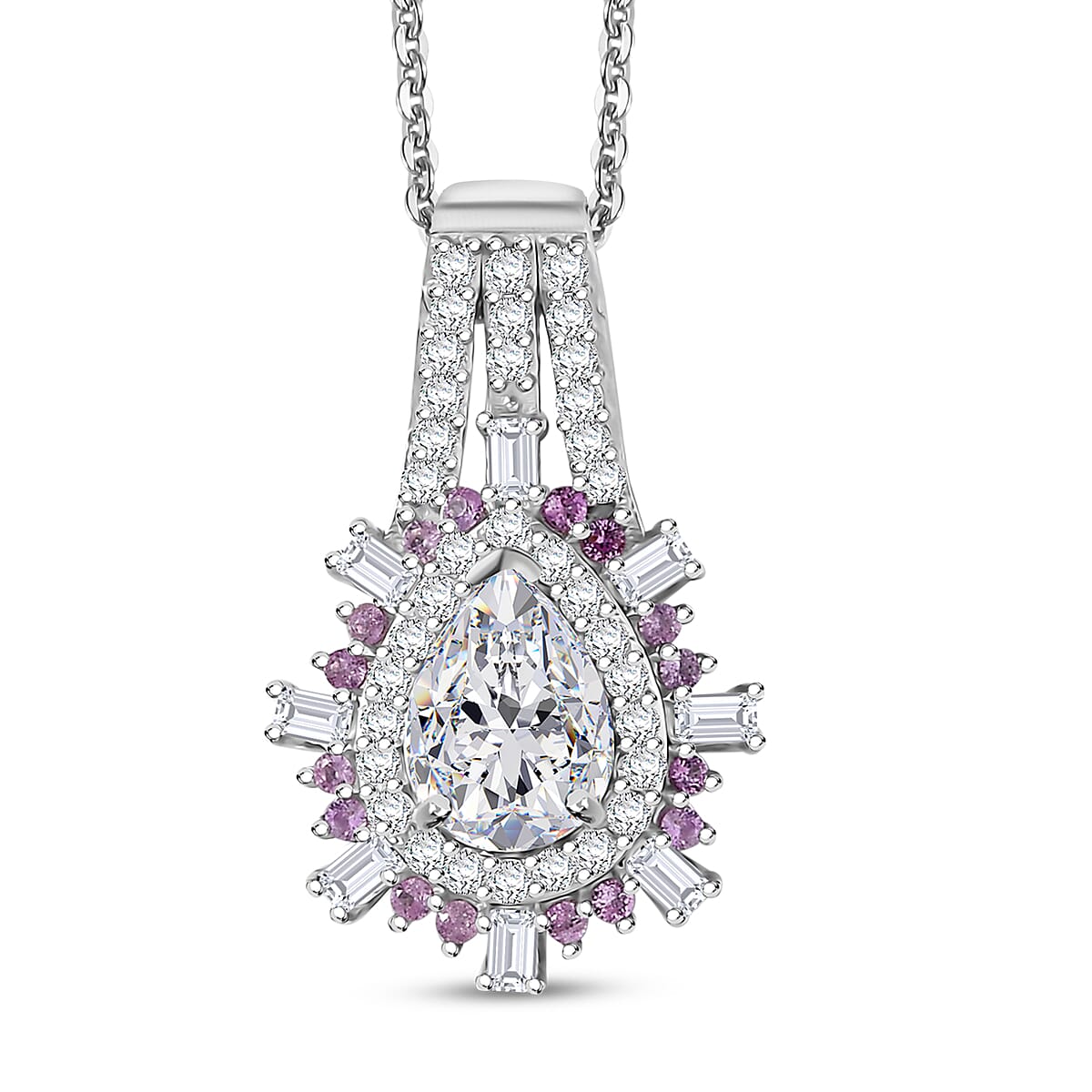 D'Joy Moissanite and Madagascar Pink Sapphire 1.80 ctw Sunburst Pendant Necklace 20 Inches in Rhodium Over Sterling Silver (Size 7.0)
