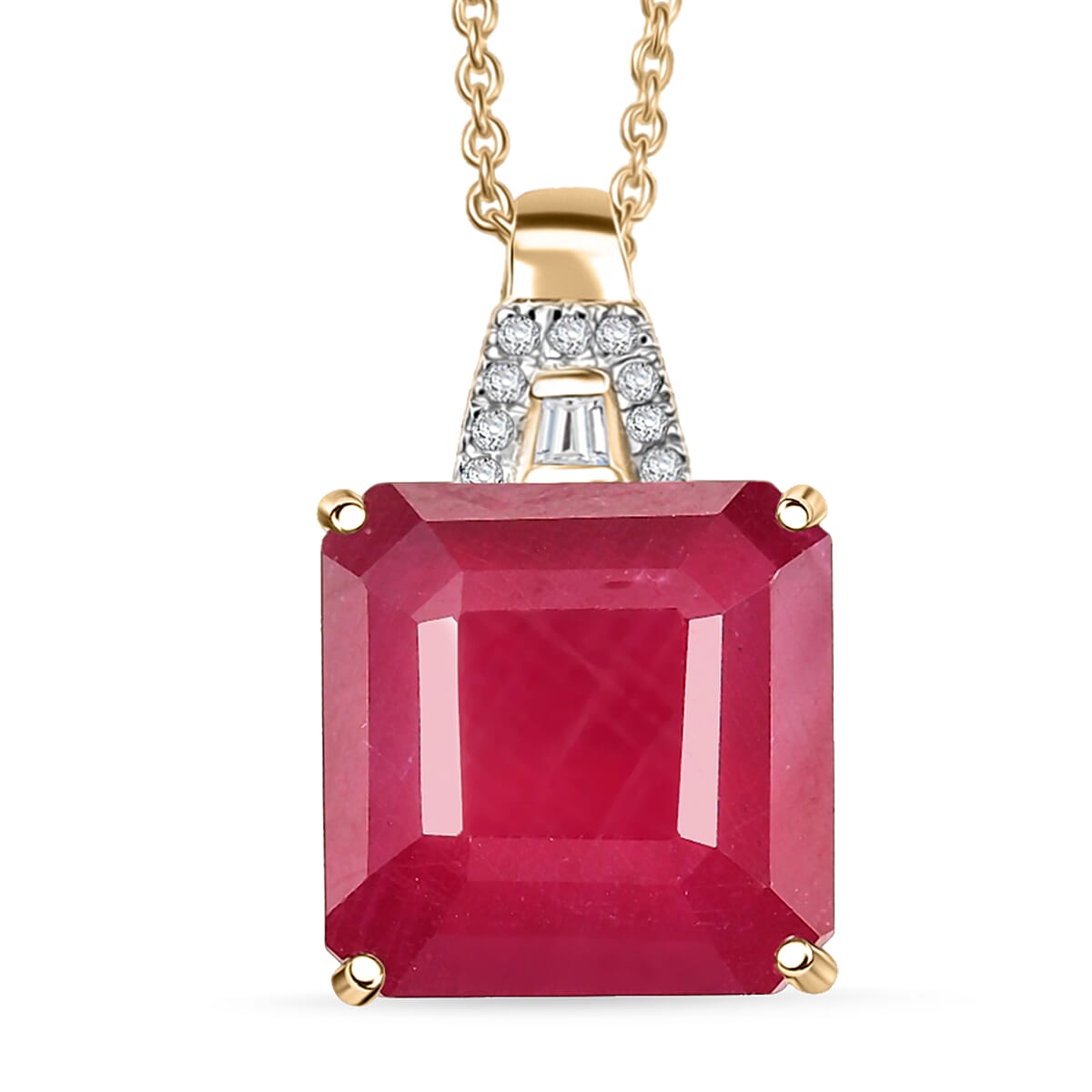 Luxoro AAA Asscher Cut Niassa Ruby FF and I2 Diamond 13.20 ctw Antique Greek Key Pendant Necklace 20 Inches in 10K Yellow Gold