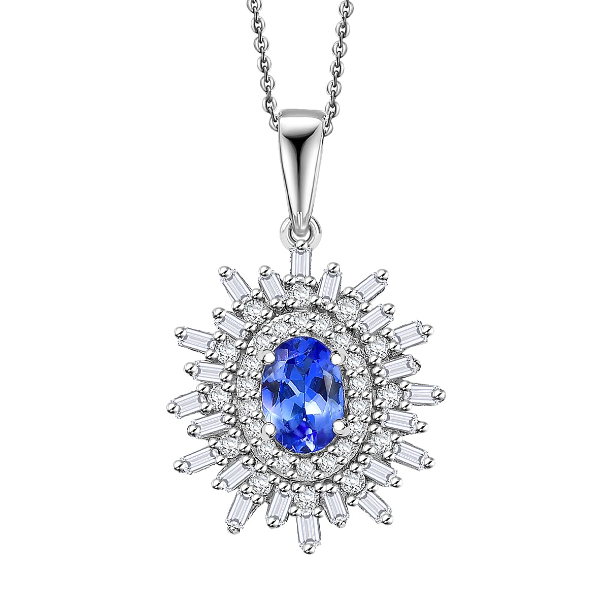 AAA Tanzanite and White Zircon 1.65 ctw Starburst Pendant Necklace in Rhodium Over Sterling Silver 20 Inches