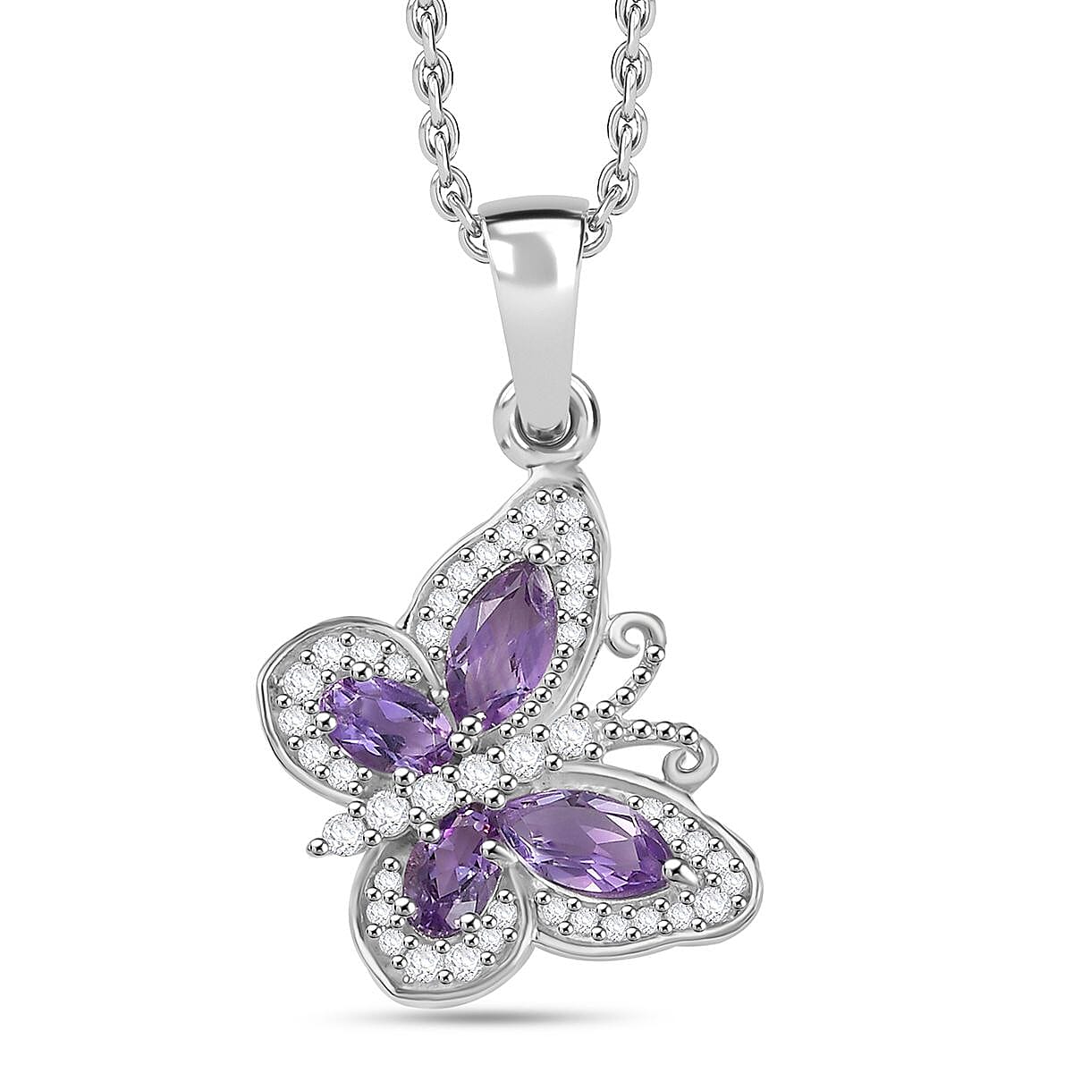 D'Joy Rose De France Amethyst and White Zircon 1.50 ctw Butterfly Pendant Necklace in Platinum Over Sterling Silver 20 Inches