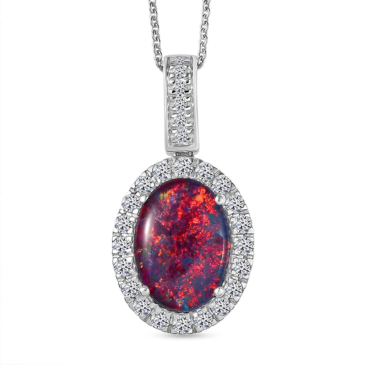 Premium Australian Black Ridge Opal Triplet and G-H SI Luxuriant Lab Grown Diamond 4.22 ctw Halo Pendant Necklace in 10K White Gold 20 Inches