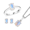 3 Piece Set - Moon Glow Moonstone Earrings, Ring (Size 7) and Pendant in Rhodium Over Sterling Silver with Stainless Steel Necklace (20 Inches) 3.30 ctw - Sticky add to cart bar