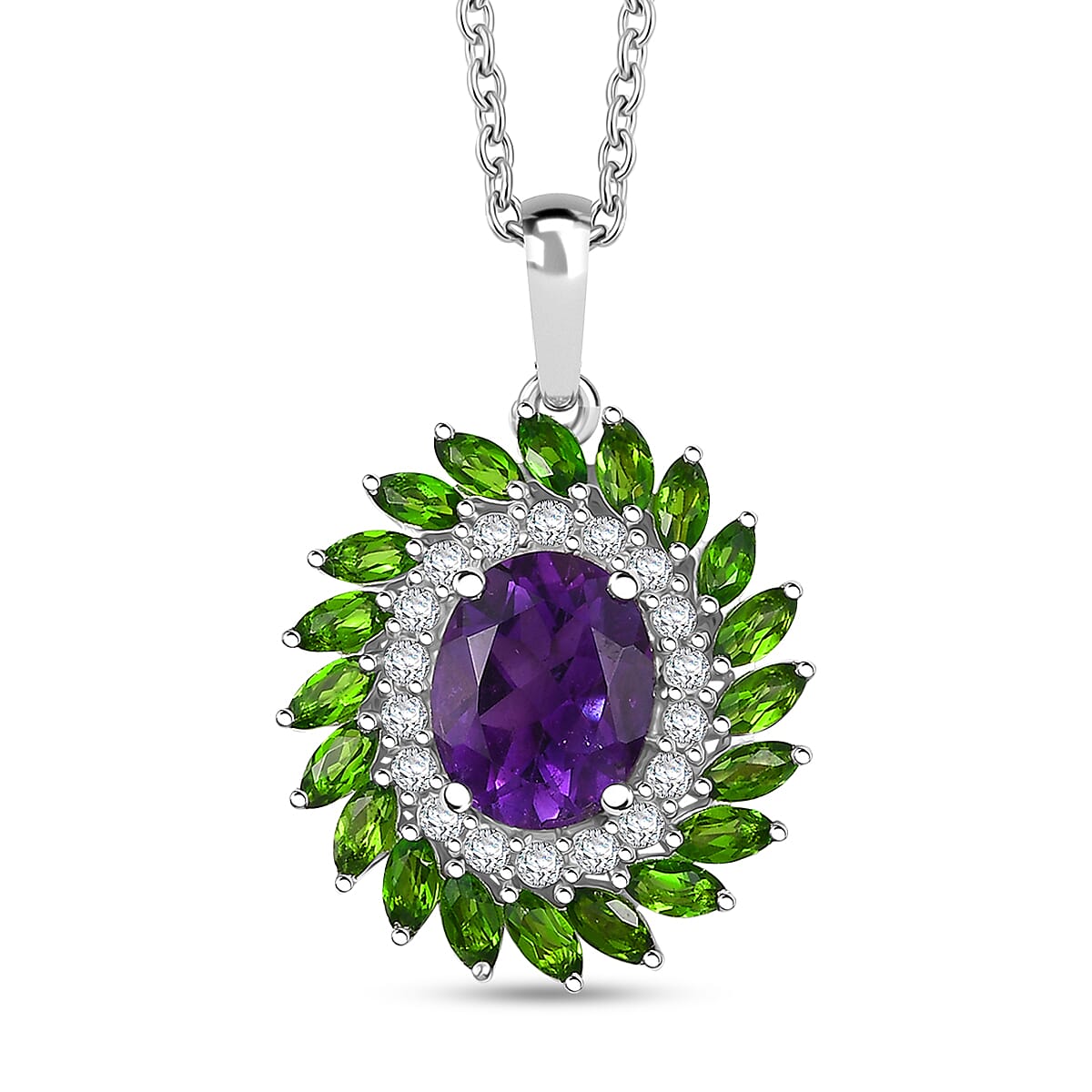 D'Joy African Amethyst and Multi Gemstone 4.80 ctw Floral Pendant in Platinum Over Sterling Silver with Stainless Steel Necklace 20 Inches