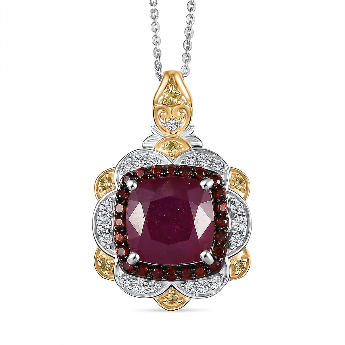 D'Joy Niassa Ruby (FF), Multi Gemstone Pendant Necklace (20 Inches) in 18K Vermeil YG and Rhodium Over Sterling Silver 7.60 ctw