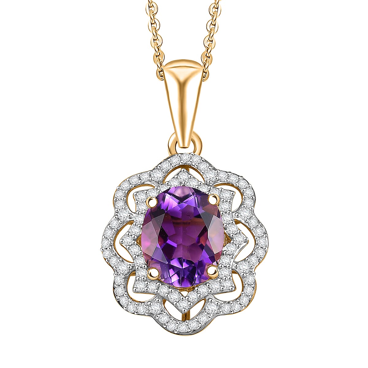 D'Joy Moroccan Amethyst and Moissanite 3.15 ctw Stellar Blossom Pendant Necklace in 18K Vermeil Yellow Gold Over Sterling Silver 20 Inches