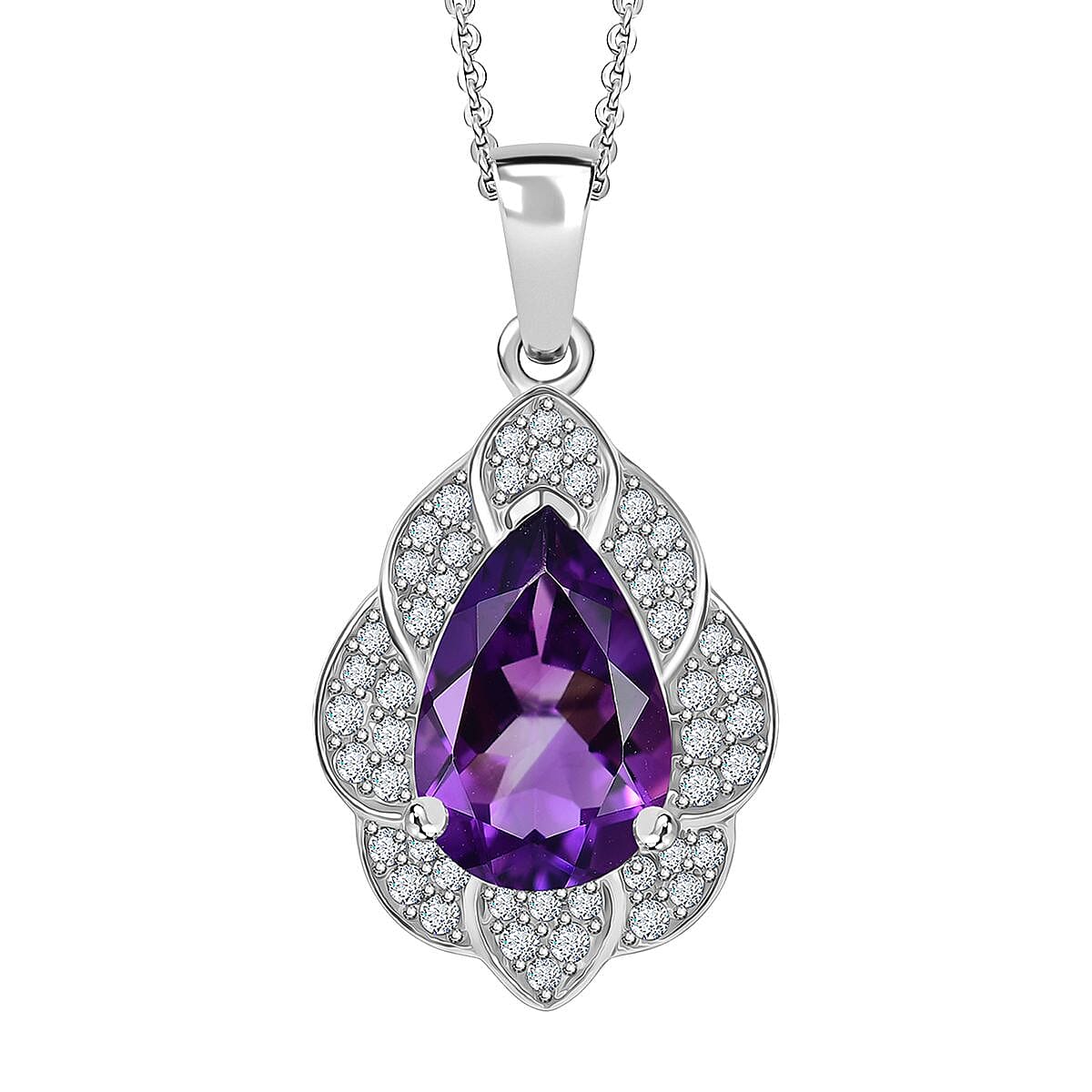 D'Joy Premium Moroccan Amethyst and White Zircon 3.20 ctw Midnight Lotus Pendant Necklace in Rhodium Over Sterling Silver 20 Inches