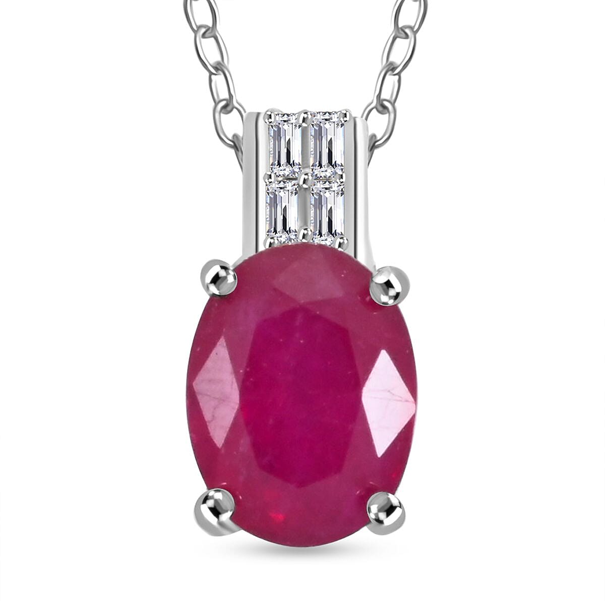 Niassa Ruby (FF) and Diamond 3.00 ctw Pendant Necklace 18 Inches in Rhodium Over Sterling Silver
