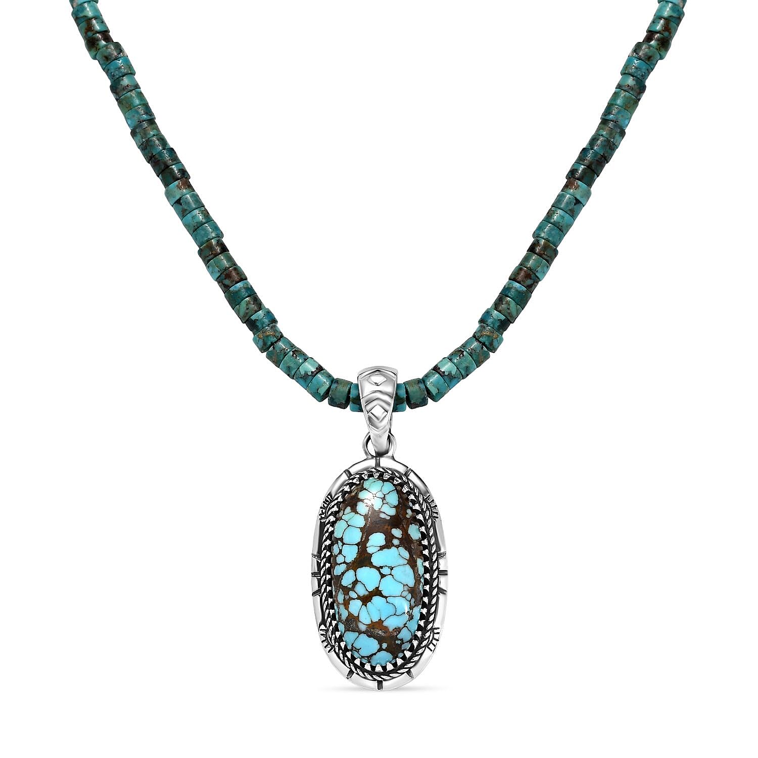 D'Joy Artisan Crafted Premium Blue Moon Turquoise Pendant with Royston Turquoise 76.70 ctw Beaded Necklace in Black Oxidized Sterling Silver 20 Inches