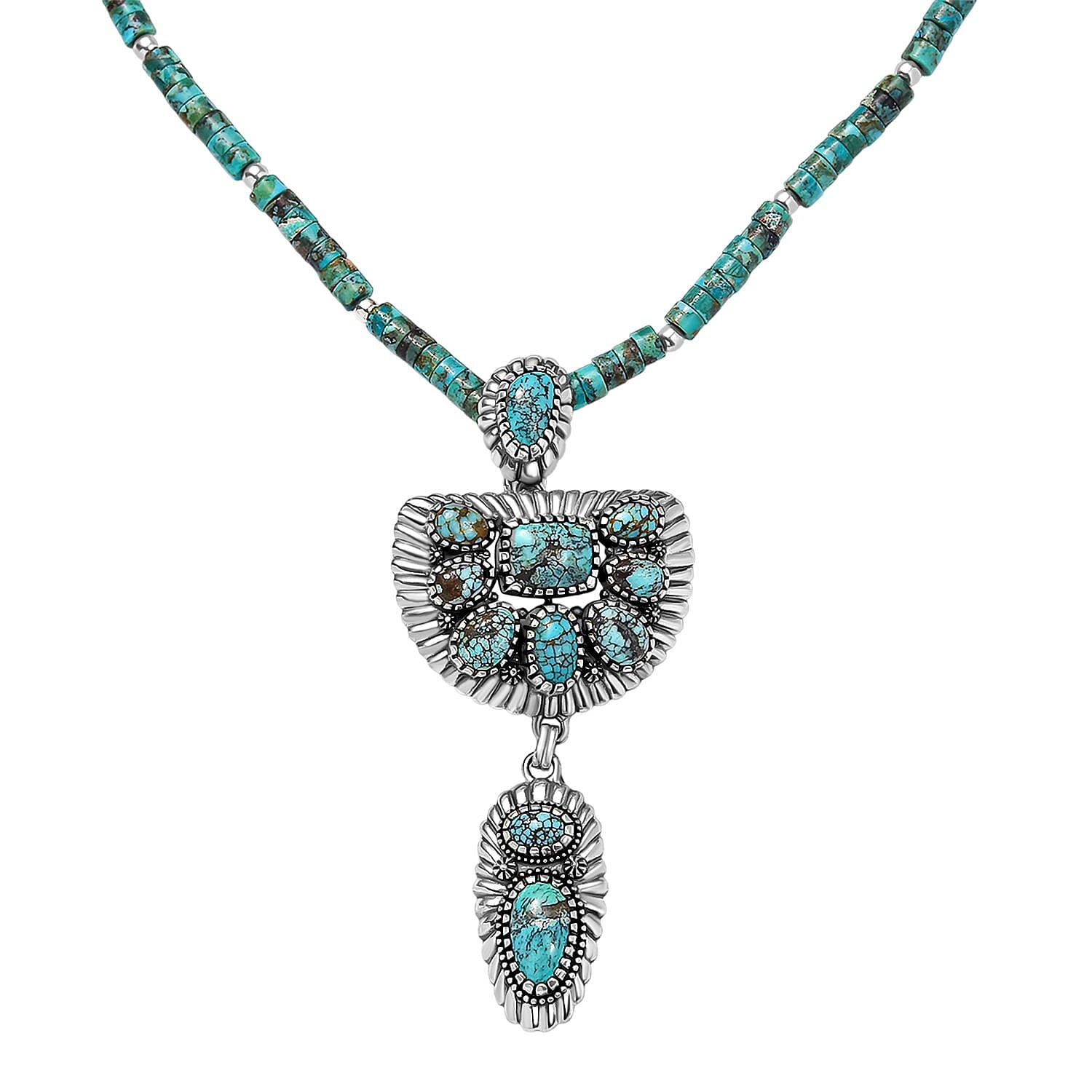 D'Joy Artisan Crafted Premium Blue Moon Turquoise Pendant with Royston Turquoise 60.35 ctw Beaded Necklace in Black Oxidized Sterling Silver 20 Inches