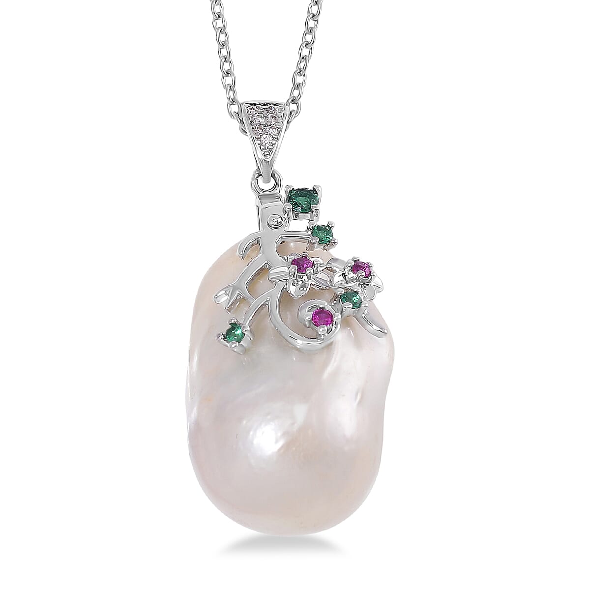 Organic Shape Baroque Freshwater Pearl and Simulated Multi Color Diamond Pendant Necklace in Stainless Steel 20 Inches