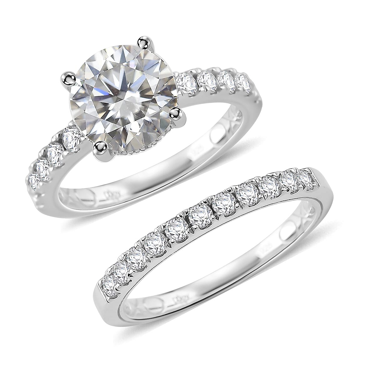 D'Joy Moissanite (Rnd 9mm) Set of 2 Ring in Rhodium Over Sterling Silver (Size 7.0) 3.90 ctw