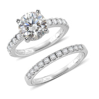 D'Joy Moissanite (Rnd 9mm) Set of 2 Ring in Rhodium Over Sterling Silver (Size 7.0) 3.90 ctw