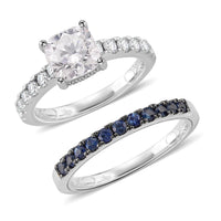 D'Joy Moissanite (Rnd 9mm) Set of 2 Ring in Rhodium Over Sterling Silver (Size 7.0) 3.90 ctw