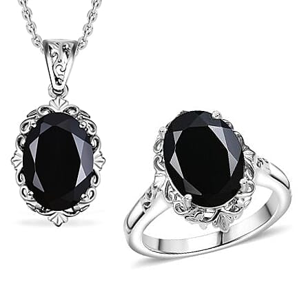 2 Piece Set Thai Black Spinel 15.10 ctw Ring and Pendant Necklace 20 Inches in Stainless Steel