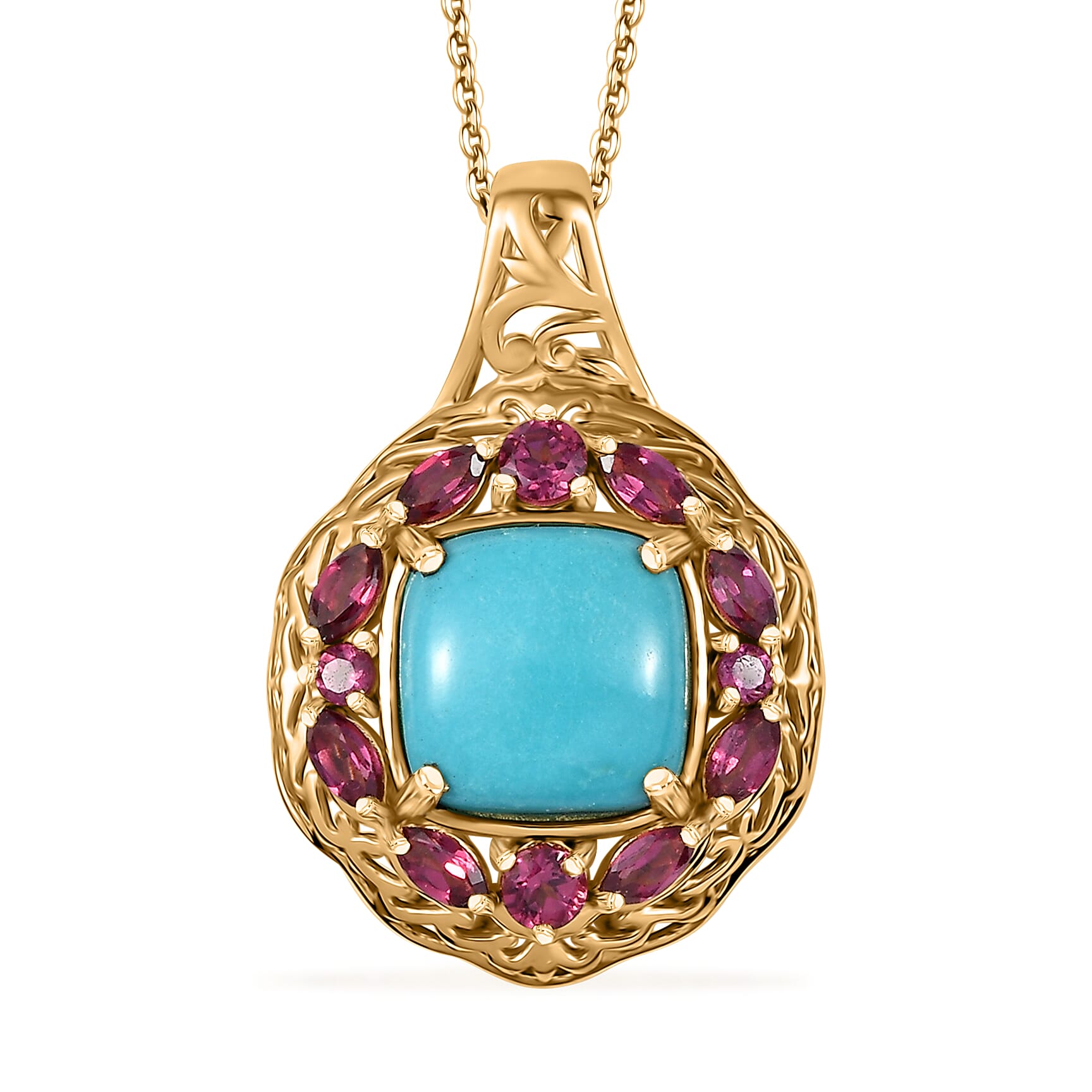 D'Joy Premium Sleeping Beauty Turquoise, Orissa Rhodolite Garnet 4.75 ctw Twilight Bloom Pendant Necklace 20 Inches in 18K Vermeil Yellow Gold Over Sterling Silver