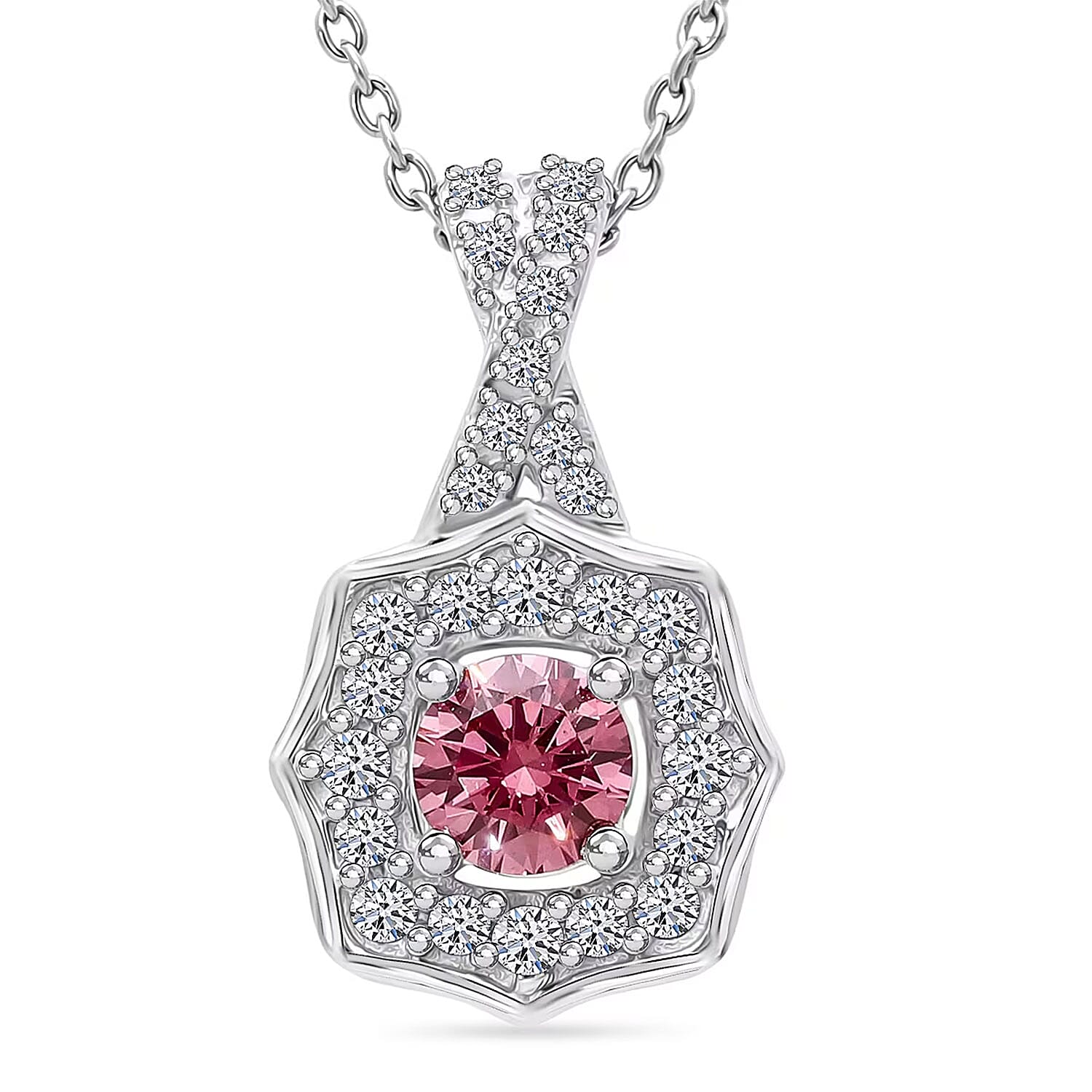 Luxuriant Lab Grown Pink Diamond (IR) (VS) and Lab Grown Diamond 0.50 ctw Art Deco Pendant Necklace in Rhodium Over Sterling Silver 20 Inches