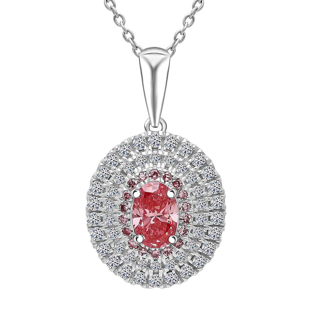 Luxuriant Lab Grown Pink Diamond (IR) (VS) and Lab Grown Diamond 1.00 ctw Rose Radiance Pendant Necklace in Rhodium Over Sterling Silver 20 Inches