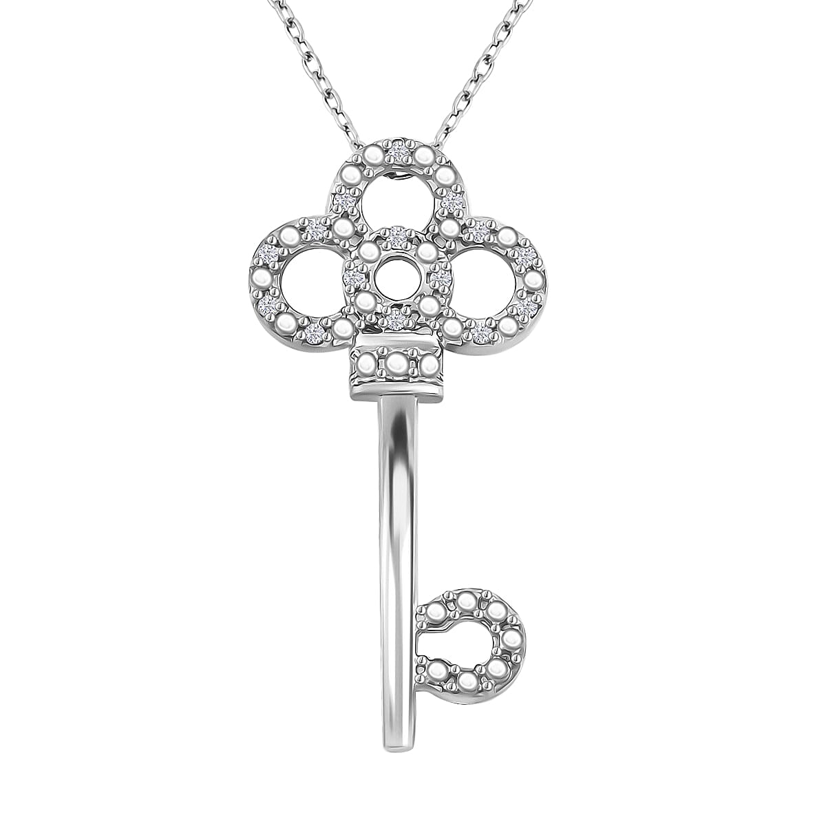 Diamond 0.10 ctw Key Pendant Necklace in Rhodium Over Sterling Silver 18 Inches