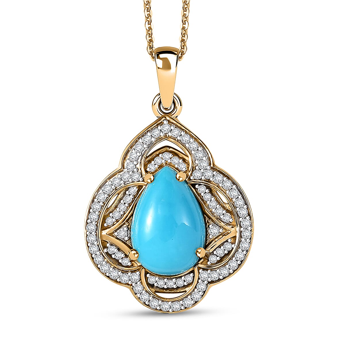 D'Joy Premium Sleeping Beauty Turquoise, Moissanite Royal Bloom 4.40 ctw Pendant Necklace 20 Inches in 18K Vermeil Yellow Gold Over Sterling Silver