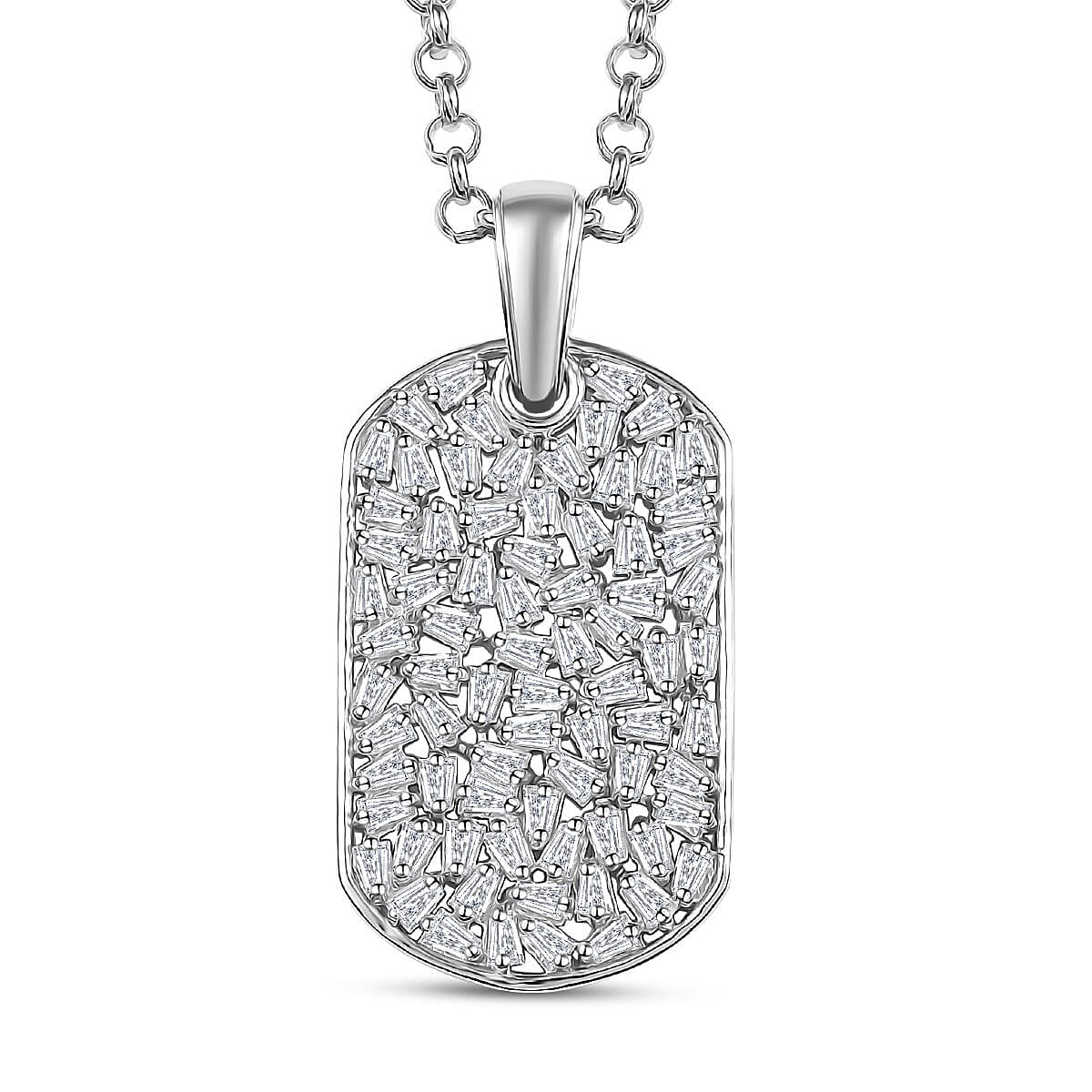 White Zircon 2.80 ctw Mens Dogtag Pendant Necklace in Rhodium Over Sterling Silver 24 Inches