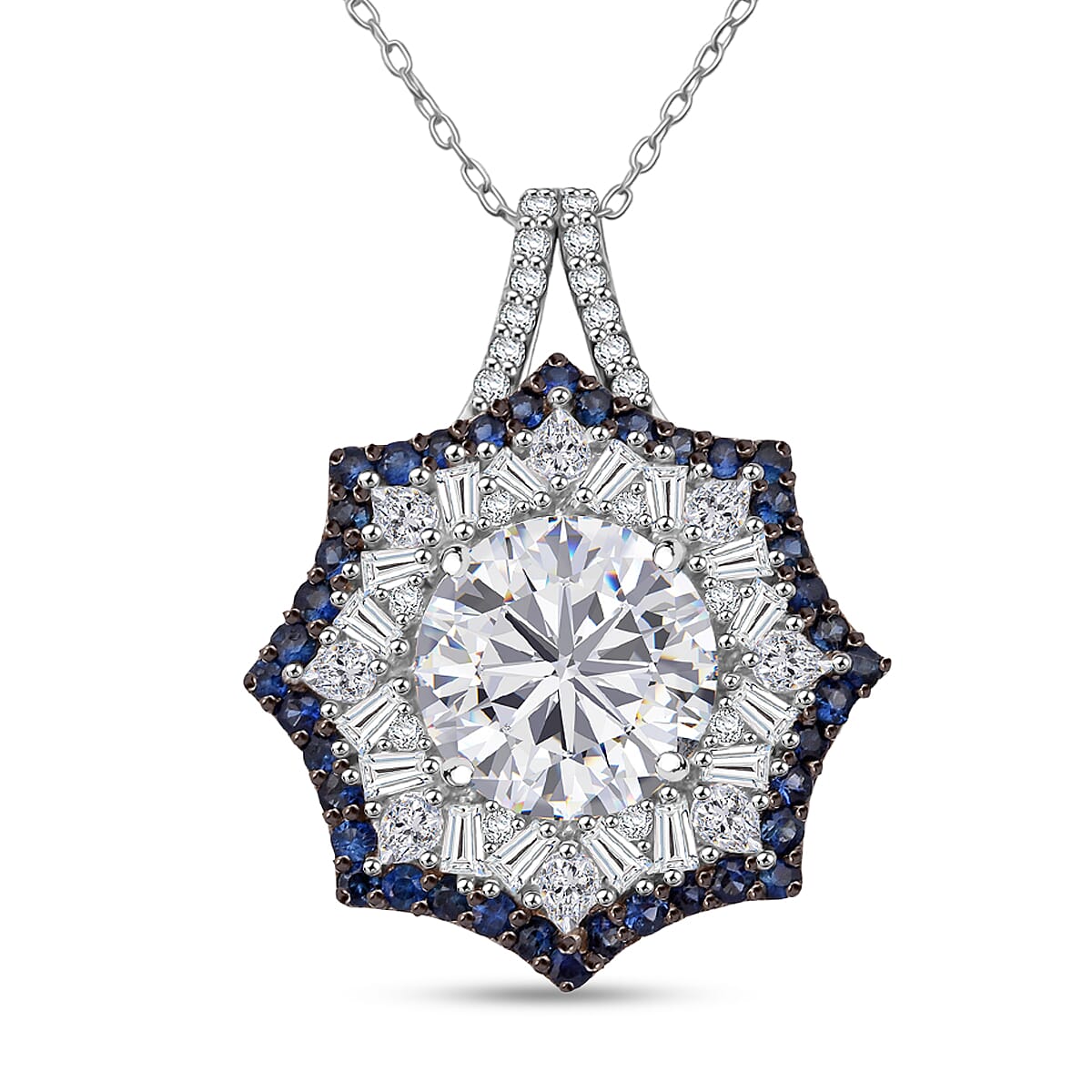 Heart and Arrow Cut Moissanite (Rnd 10mm), Ceylon Sapphire Pendant Necklace (20 Inches) in Rhodium Over Sterling Silver 5.80 ctw