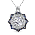 Heart and Arrow Cut Moissanite (Rnd 10mm), Ceylon Sapphire Pendant Necklace (20 Inches) in Rhodium Over Sterling Silver 5.80 ctw - Sticky add to cart bar