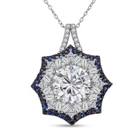 Heart and Arrow Cut Moissanite (Rnd 10mm), Ceylon Sapphire Pendant Necklace (20 Inches) in Rhodium Over Sterling Silver 5.80 ctw