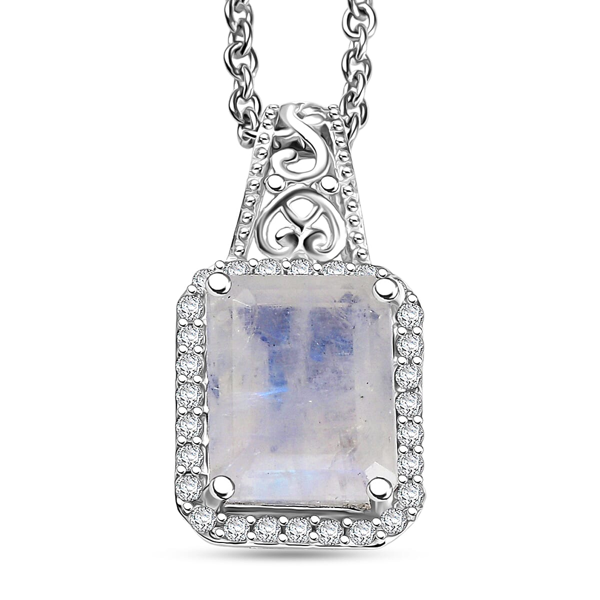 D'Joy Moon Glow Moonstone and White Zircon 3.70 ctw Art Deco Pendant in Platinum Over Sterling Silver with Stainless Steel Necklace 20 Inches