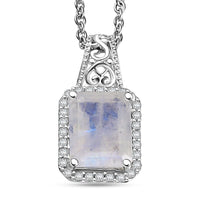 D'Joy Moon Glow Moonstone and White Zircon 3.70 ctw Art Deco Pendant in Platinum Over Sterling Silver with Stainless Steel Necklace 20 Inches