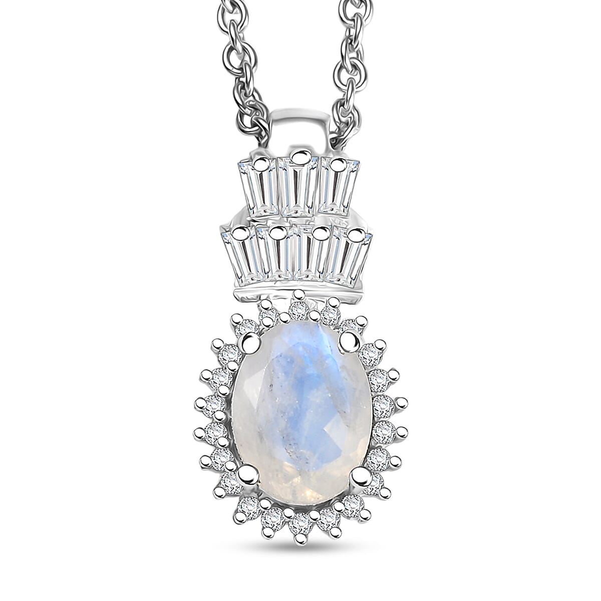 D'Joy Moon Glow Moonstone and White Zircon 1.70 ctw Moonlit Majesty Pendant in Platinum Over Sterling Silver with Stainless Steel Necklace 20 Inches